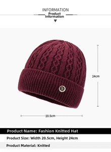 Detail view of burgundy knitted hat showing 20.5cm width and 24cm height dimensions