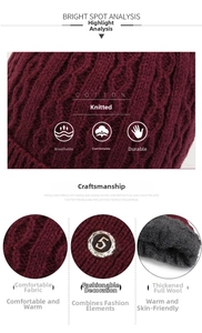 Detail of burgundy winter hat showing jacquard texture, metal button, and fleece lining