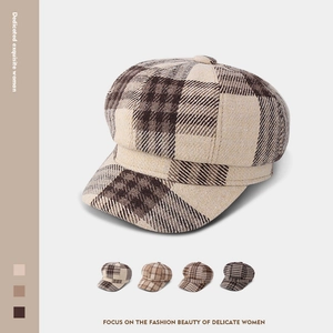 British style plaid newsboy cap for women featuring octagonal shape and wool texture