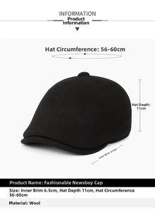 Detailed size specifications for wool winter cap showing 56-60cm circumference and 11cm depth