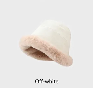 Winter off-white reversible lamb wool bucket hat with plush brim and warm fleece lining