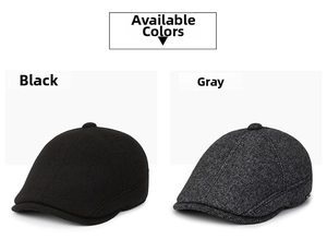 Detail view of winter duckbill caps in black and grey tweed with ear protectors