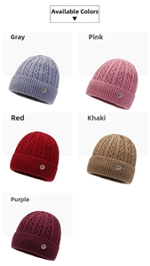 Multi-color view of knitted winter hats with thick thermal fleece and floral pattern