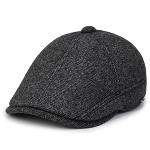 Detailed texture of dark grey wool blend flat cap for elderly men with metal logo