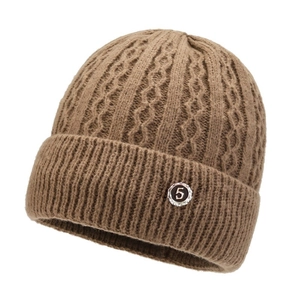 Dark brown jacquard knit winter hat for elderly women with fleece lining and metal logo