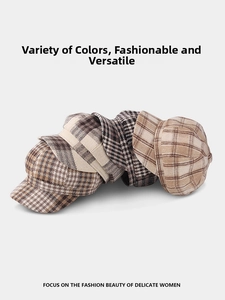 Collection of plaid newsboy hats in earthy tones like beige and brown wool fabric