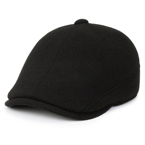 Detail view of black wool newsboy cap with earflaps for men and premium stitching