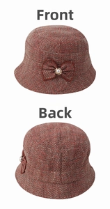 Front and back views of tweed bucket hat with bow detail and faux pearl accent