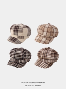 Detailed grid of four vintage plaid and houndstooth newsboy caps in autumn earth tones