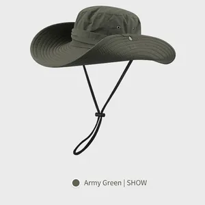 Army green wide brim sun hat with adjustable drawstring for outdoor hiking and fishing