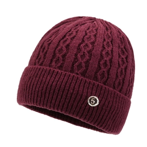 Deep wine red cable knit winter hat for women with warm fleece lining and metal number 5 tag
