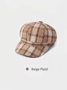 Classic beige plaid newsboy hat with vintage octagonal design for women winter style