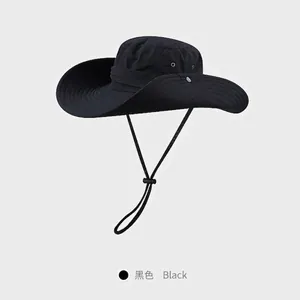 Black wide brim safari sun hat with adjustable drawstring and breathable metal vents