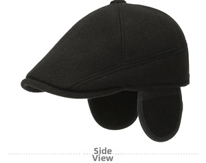 Side view of black wool flat cap featuring fold-out ear flaps for winter warmth