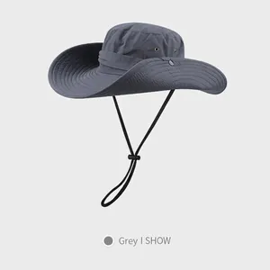 Wide brim dark grey outdoor sun hat with adjustable chin strap and breathable side vents