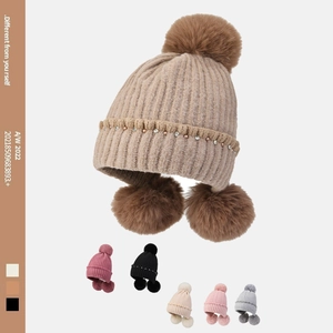 Women Knitted Beanie Ear Flap Hat Faux Fur Pom Pom Rhinestone Artificial Pearl Decor Thickened Fleece Lined Winter Warm Casual Outdoor Cap