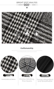 Detail of houndstooth beret showing cotton fabric texture and stitching craft