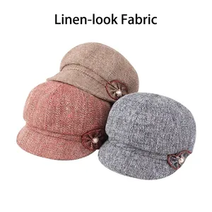 Linen-like fabric baker boy hats for women with elegant bow and pearl details