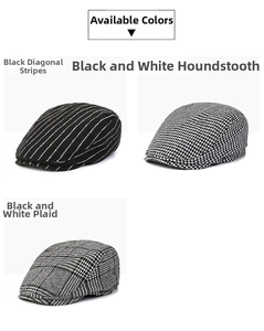 Detail shot showing three patterns of men's beret hats: stripes, houndstooth, and plaid texture