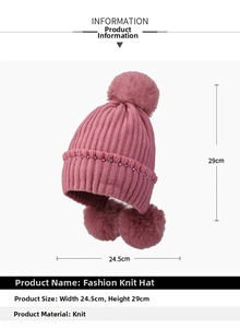 Pink knit hat with faux fur pom-poms and beaded details, size 24.5cm width and 29cm height