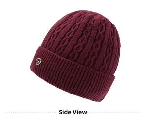 Detail of wine red cable knit beanie with fleece lining and metallic number five emblem