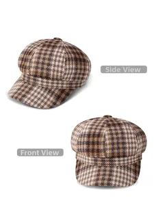 Detailed side and front view of brown houndstooth newsboy cap with octagonal design