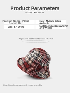 Detail of plaid bucket hat with adjustable inner strap for sizes 57-59cm in autumn