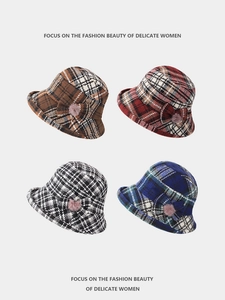 Close-up of winter wool plaid bucket hats for women in four assorted classic patterns