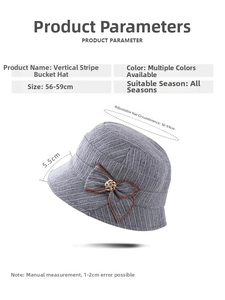Detailed view of grey bucket hat with 5.5cm brim and elegant bow metal flower decoration