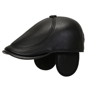Winter black leather flat cap for men with ear flaps and warm fleece lining