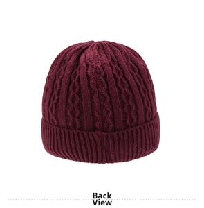 Close-up back view of burgundy cable knit winter beanie with thick fleece lining