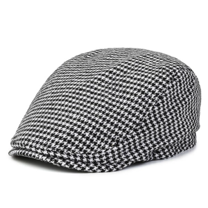 Classic black and white houndstooth flat cap for men with stylish British retro wool design