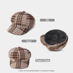 Detailed views of brown houndstooth newsboy cap showing texture and internal lining