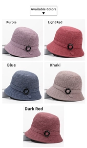 Detail view of cotton floral bucket hats in purple, red, blue, khaki and dark red colors