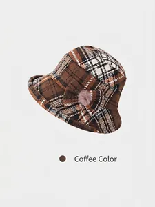 Women's vintage plaid wool bucket hat in coffee brown with a bow and fur pom-pom detail