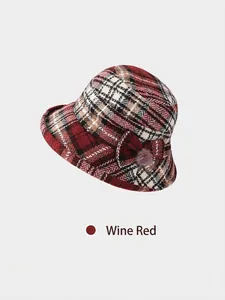Wine red checkered wool cloche hat for women with bow and pompom detail