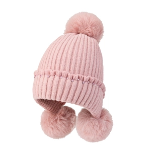 Pink knit winter hat with warm ear flaps, large fur pom-poms and pearl rhinestone trim