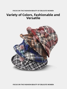 Checkered wool bucket hats for elderly women featuring pom-poms in diverse colors