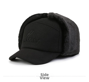 Detail of warm winter hat with plush faux fur lining and embroidered brand logo
