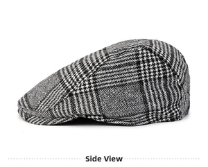 Detailed side view showing classic houndstooth pattern and knit wool texture of the flat cap