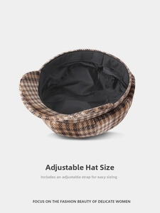 Detail of checkered newsboy hat featuring inner lining and adjustable drawstring cord