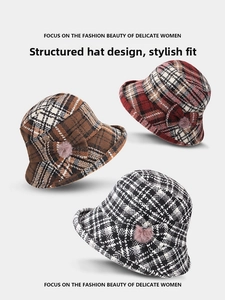 Three assorted plaid wool bucket hats for women featuring bow and pompom detail