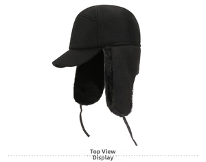 Macro view of men's winter aviator hat featuring thick black faux fur lining and earflaps