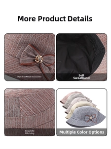 Detail view of woven fisherman hat with bow ribbon and flower metallic buckle decoration
