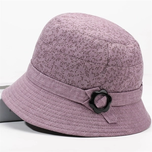 Elegant purple floral bucket hat with black flower buckle and stylish stitching
