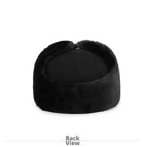 Back view of men's winter aviator hat with thick faux fur trim and warm ear flaps