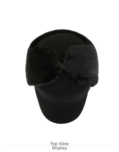 Close-up of the thick faux fur lining and ear protection on the winter trapper hat