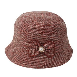 Elegant tweed bucket hat in red and orange with a pearl bow detail for women
