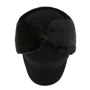 Mens winter trapper hat with black faux fur trim and warm plush lining for cold weather