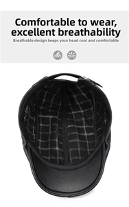 Detail view of leather flat cap with classic plaid lining and adjustable strap buckle